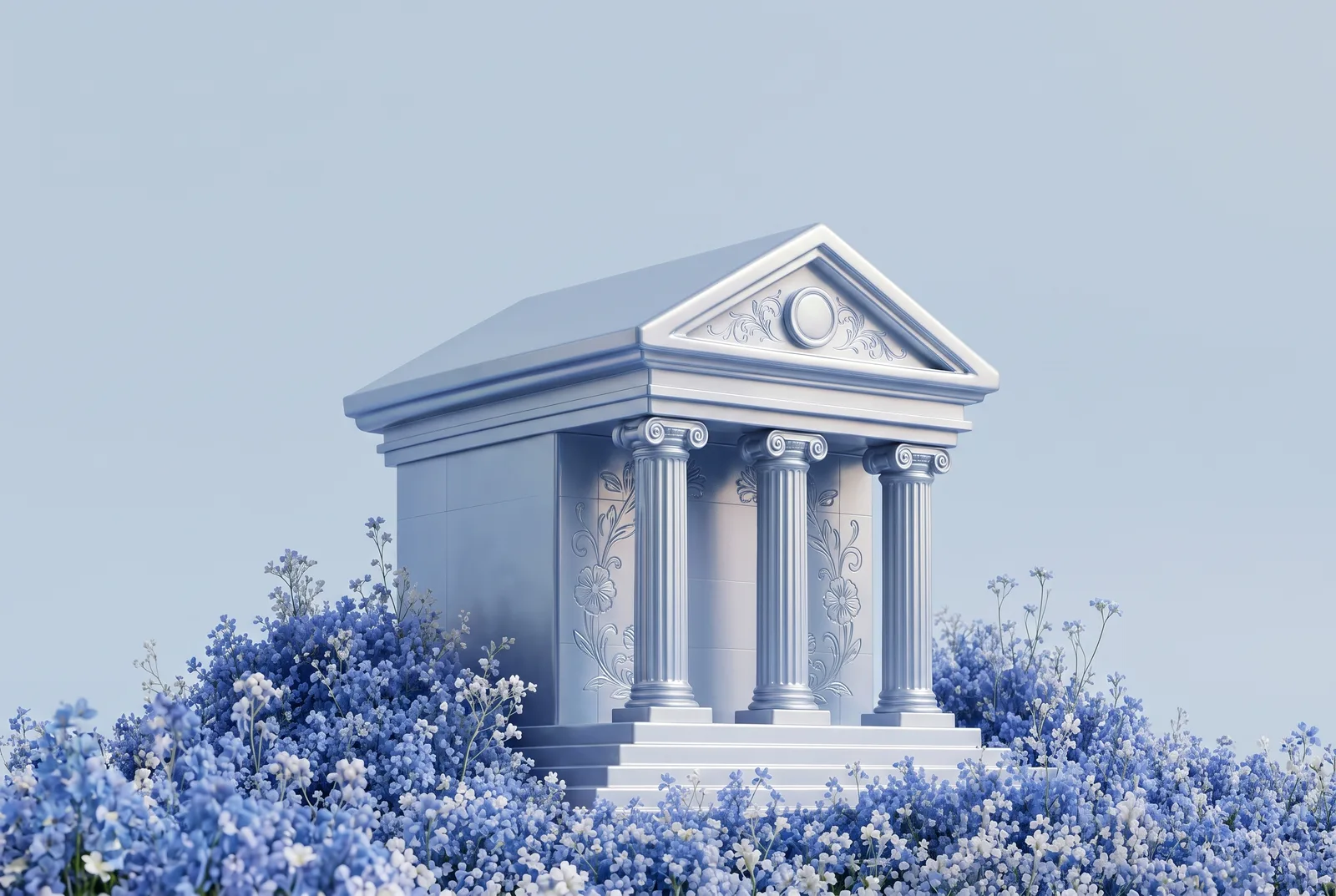 A classical bank building with ornate columns, surrounded by blue flowers