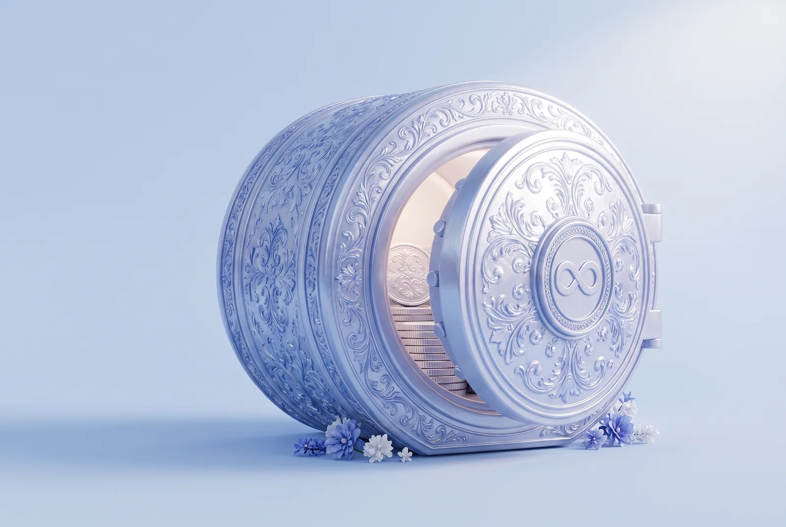 An ornate vault engraved with an infinity symbol, open to reveal a stack of coins
