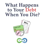 Credit card, bills, and debt ball with chain illustrating what happens to debt when you die and estate inheritance laws